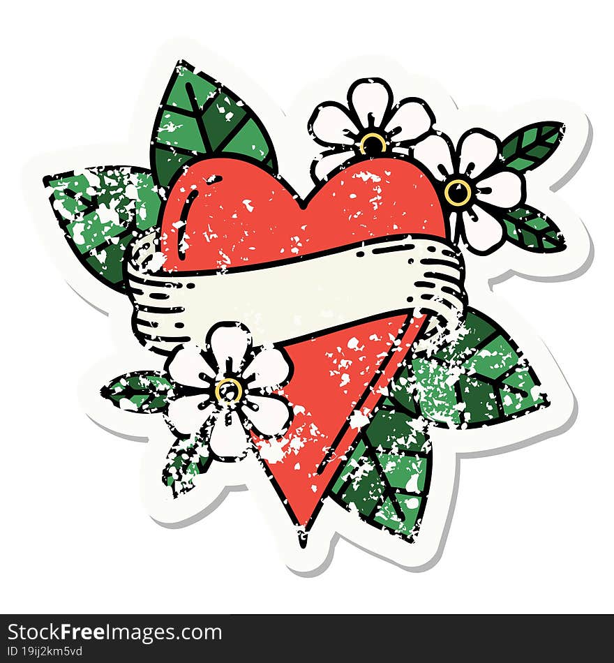 distressed sticker tattoo in traditional style of a heart and banner. distressed sticker tattoo in traditional style of a heart and banner