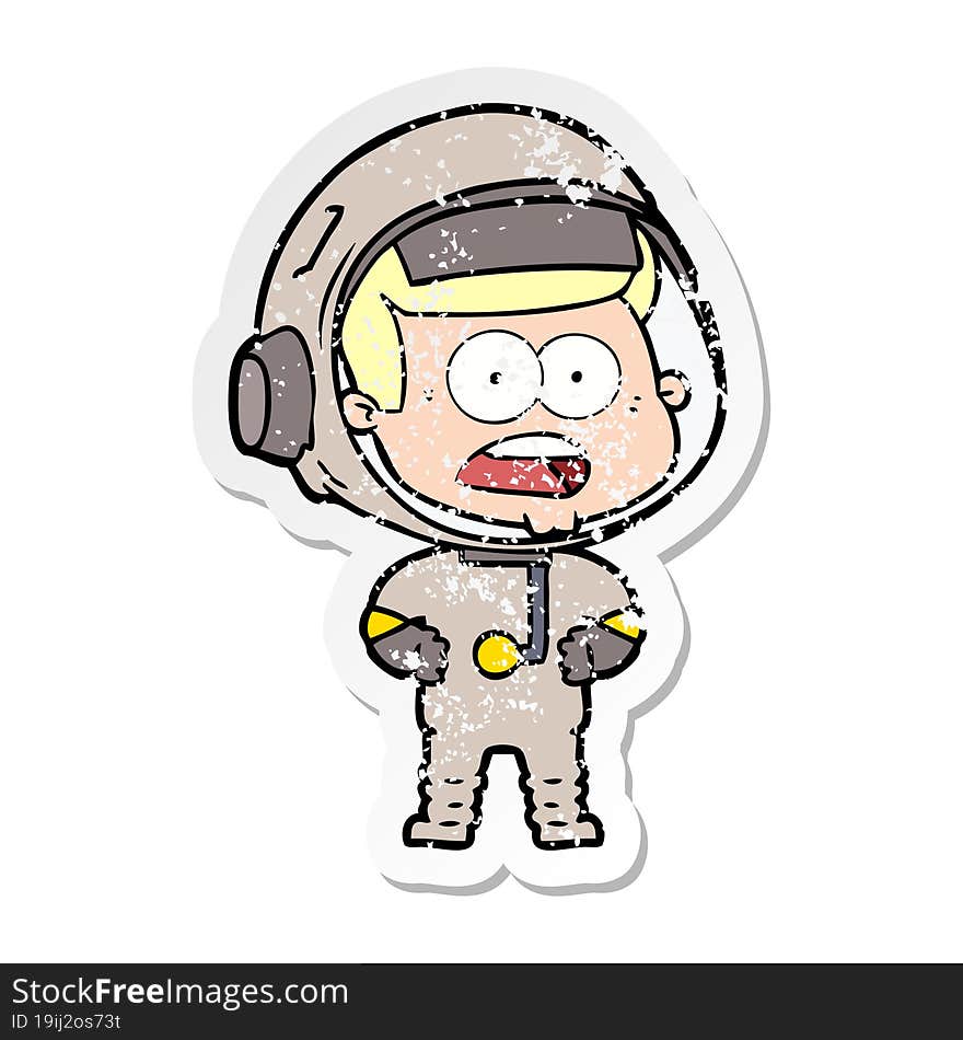 distressed sticker of a cartoon surprised astronaut