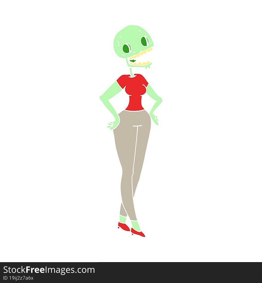 flat color illustration of a cartoon zombie woman