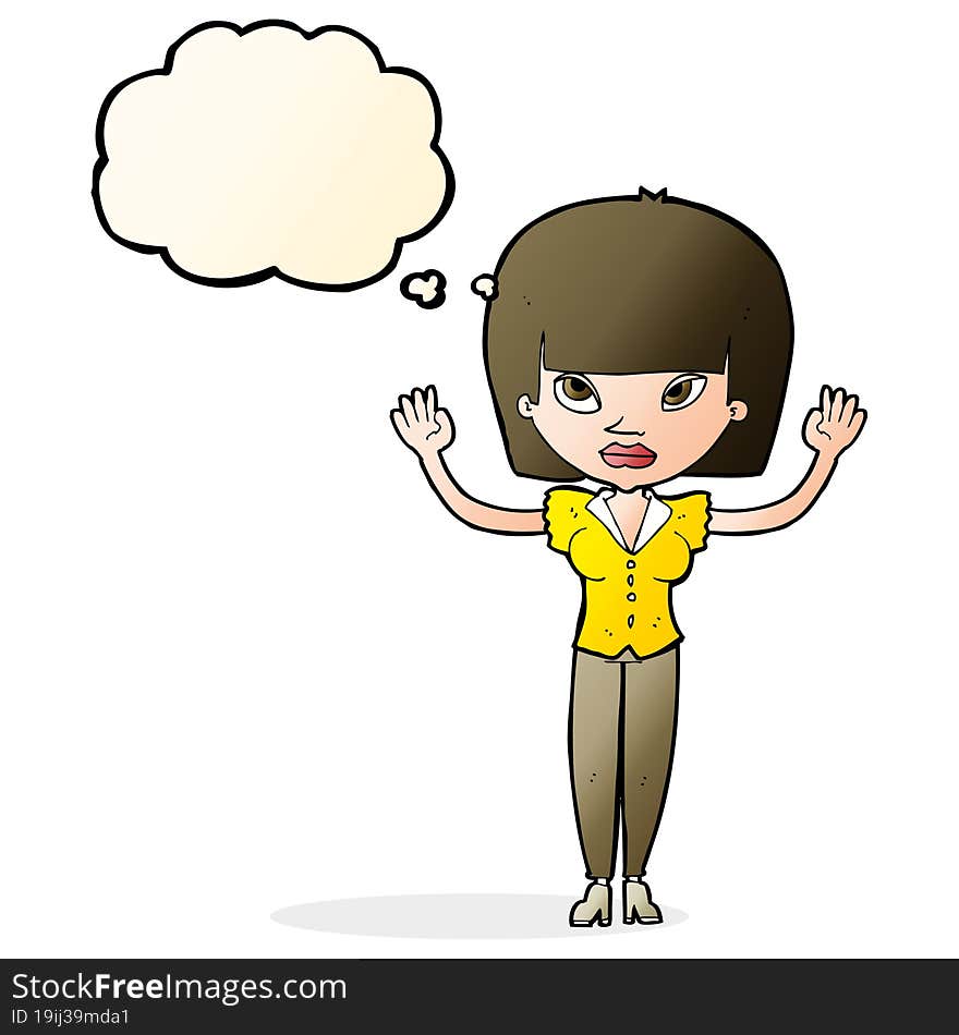 cartoon woman with raised hands with thought bubble