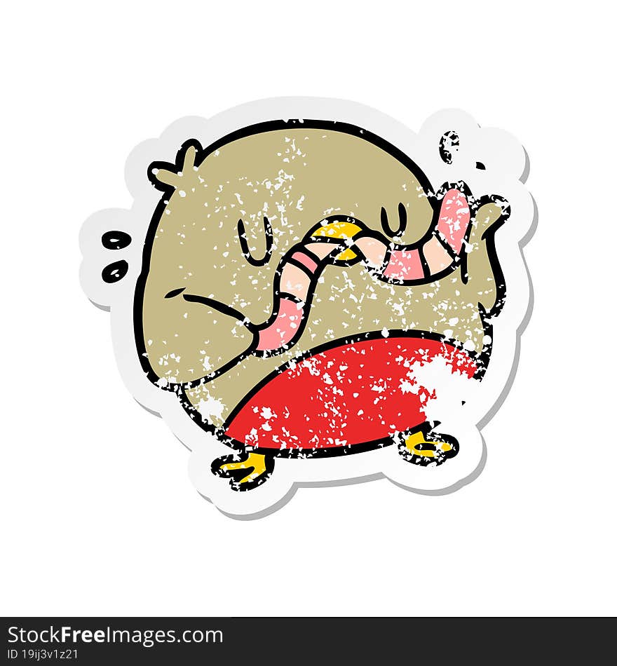 distressed sticker of a cartoon robin with worm