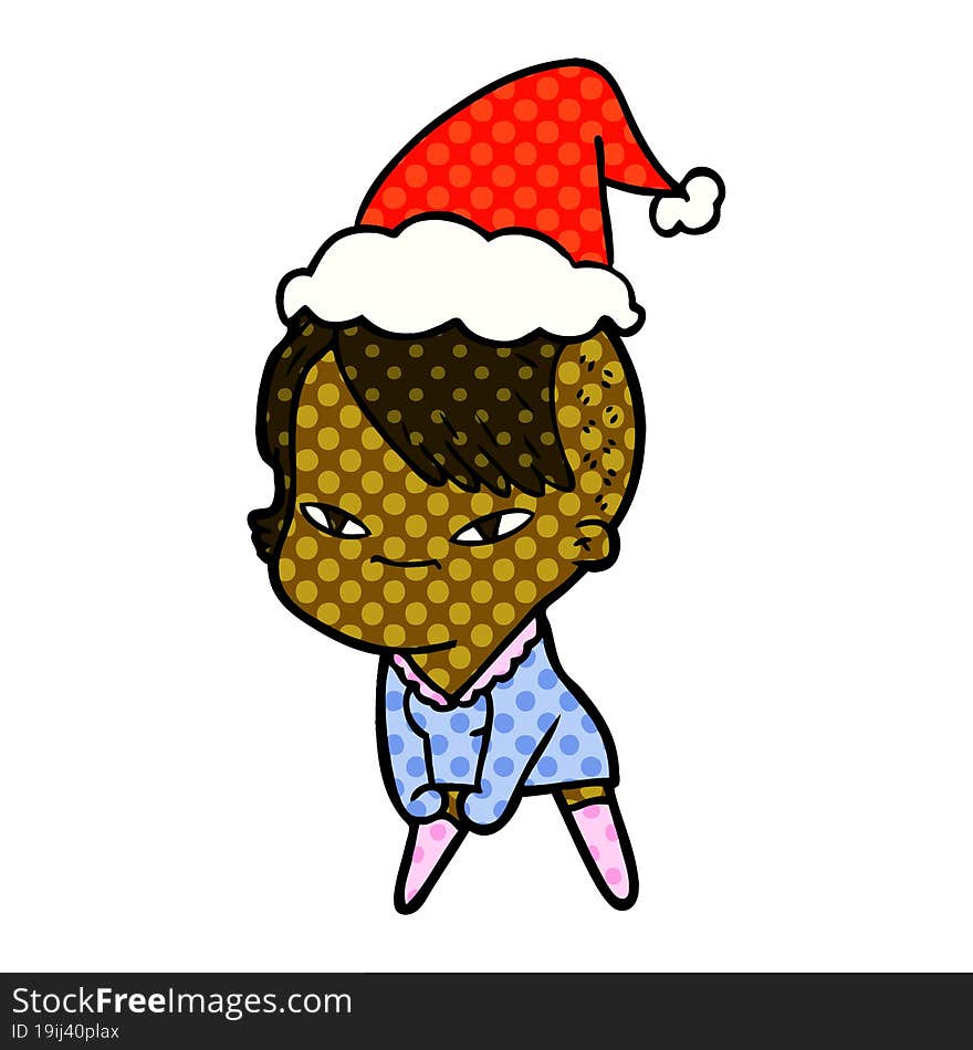 Cute Comic Book Style Illustration Of A Girl With Hipster Haircut Wearing Santa Hat