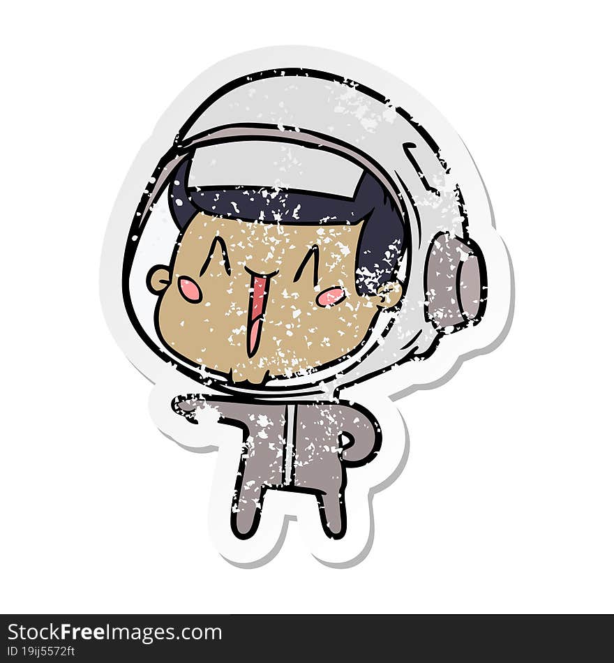 Distressed Sticker Of A Happy Cartoon Astronaut Pointing