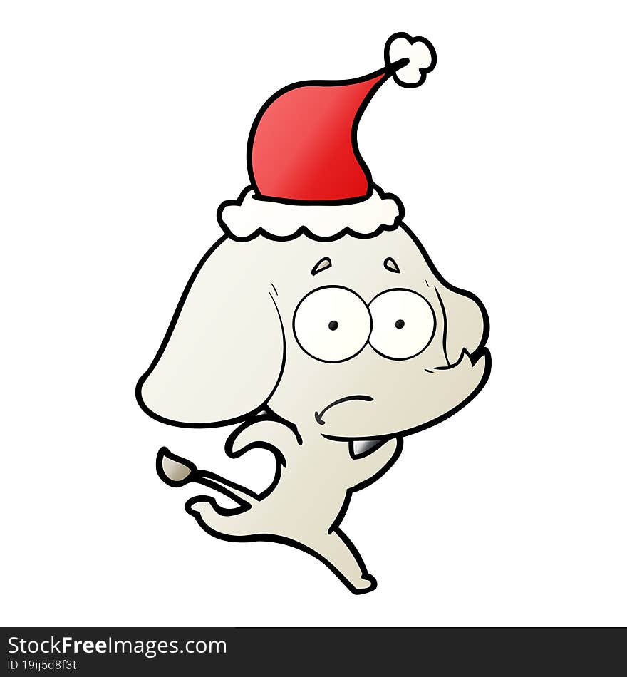 hand drawn gradient cartoon of a unsure elephant running away wearing santa hat