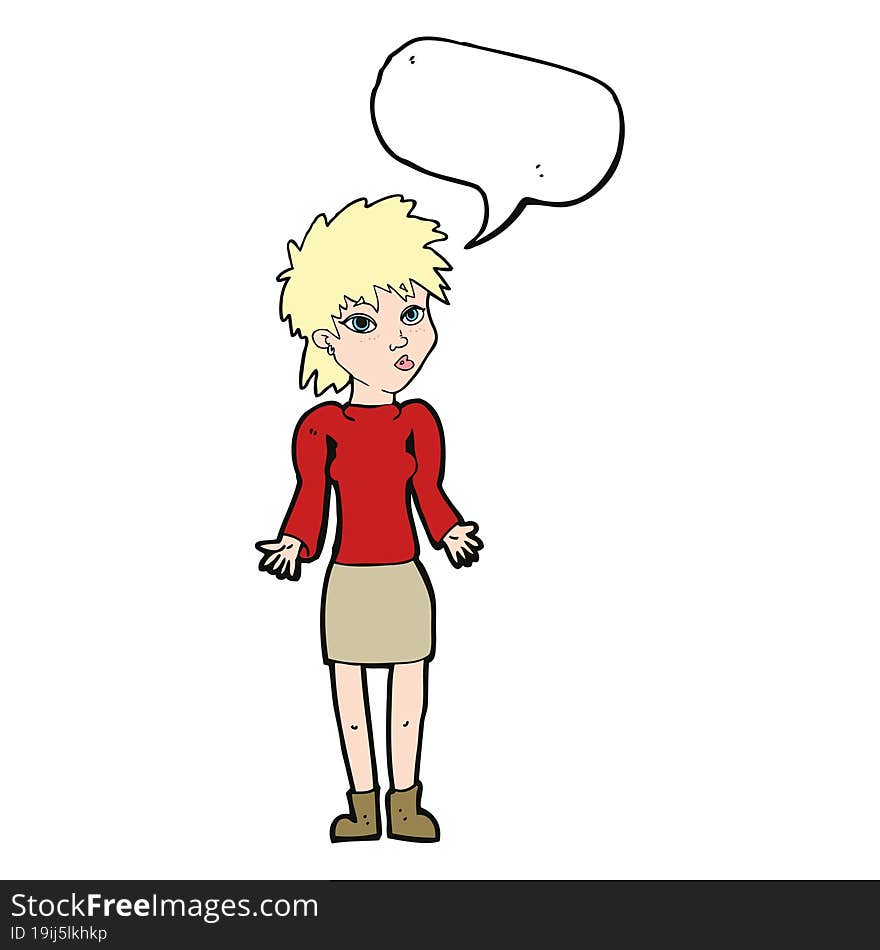 cartoon woman shrugging shoulders with speech bubble