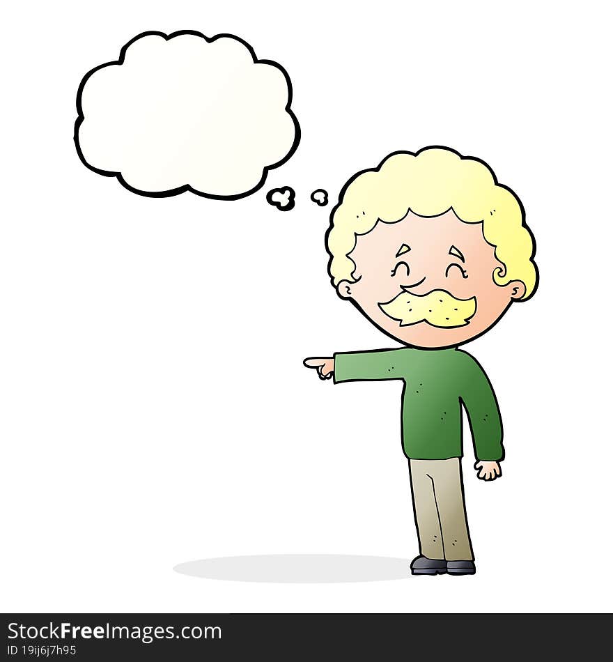 cartoon man with mustache pointing with thought bubble