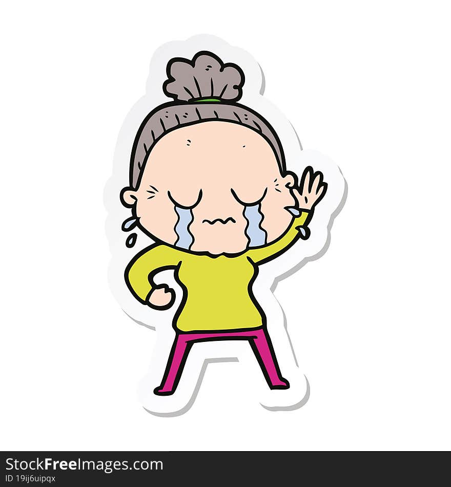 sticker of a cartoon old woman crying and waving