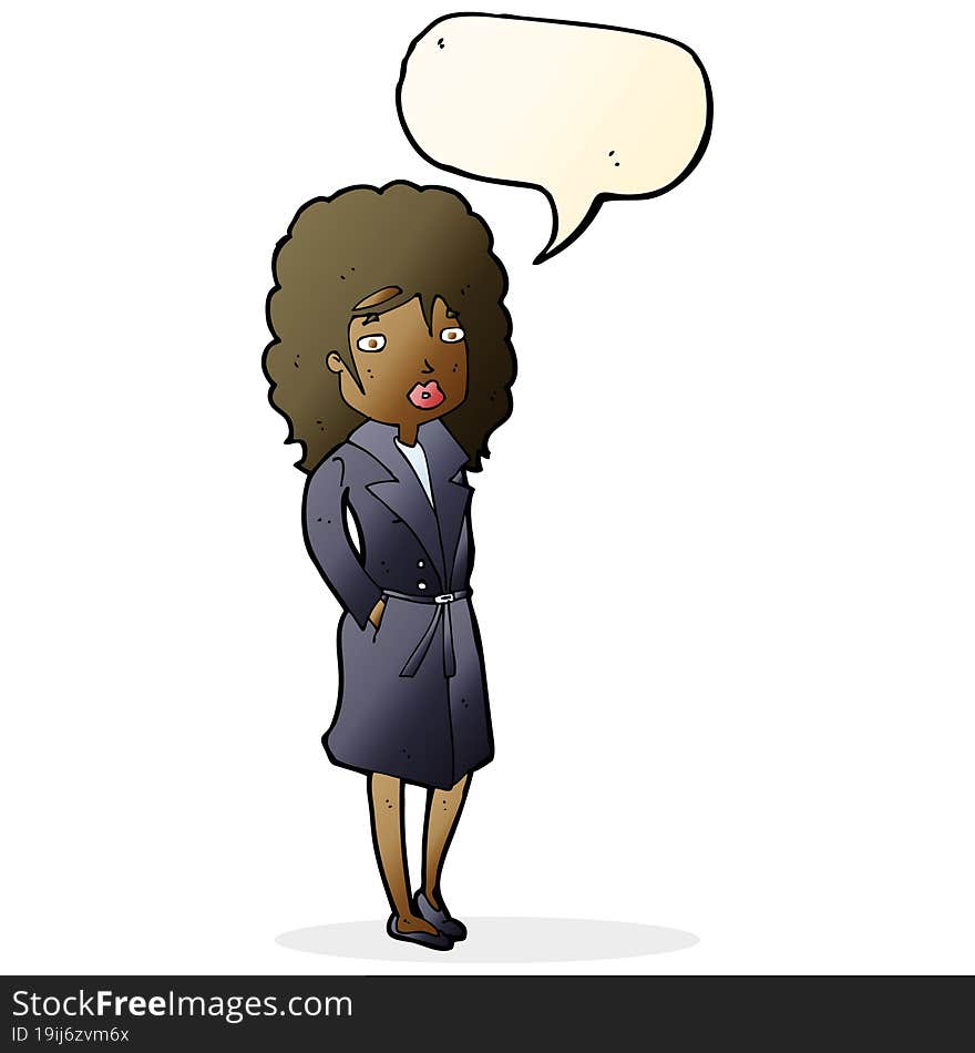 Cartoon Woman In Trench Coat With Speech Bubble