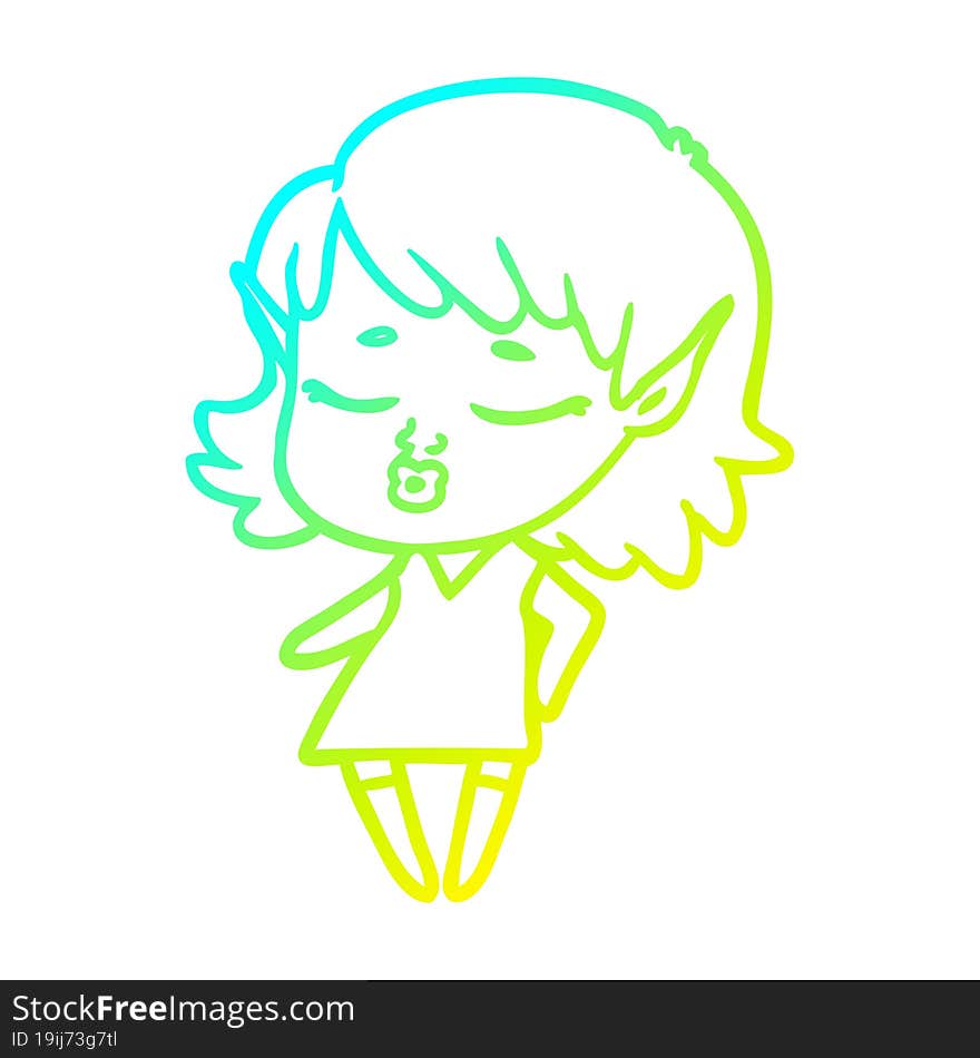 cold gradient line drawing of a pretty cartoon elf girl