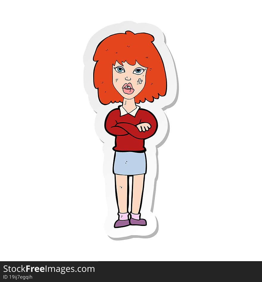 sticker of a cartoon tough woman with folded arms