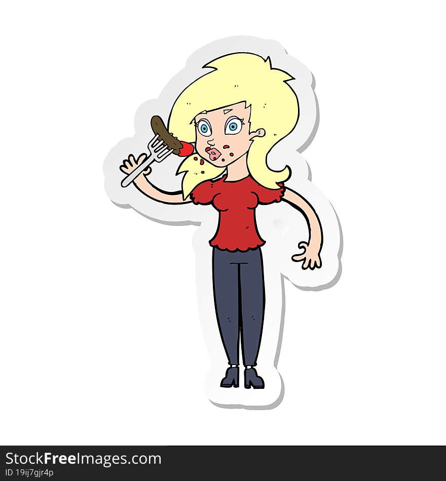 Sticker Of A Cartoon Woman Eating Hotdog