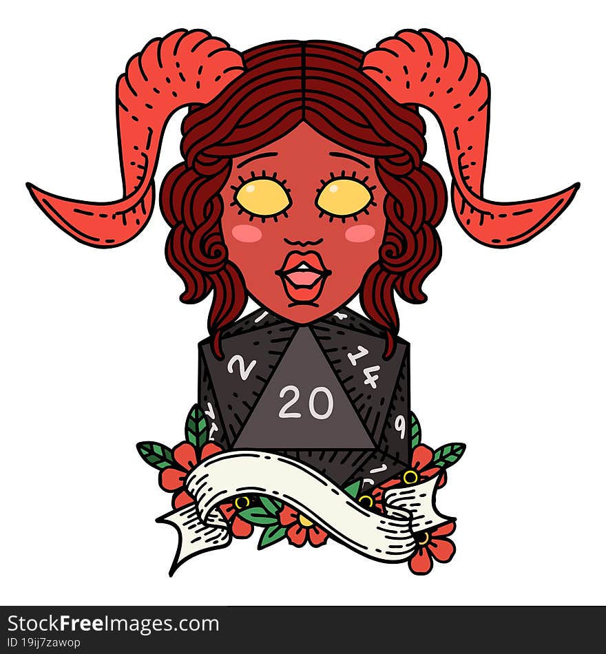 Retro Tattoo Style tiefling with natural twenty dice roll. Retro Tattoo Style tiefling with natural twenty dice roll