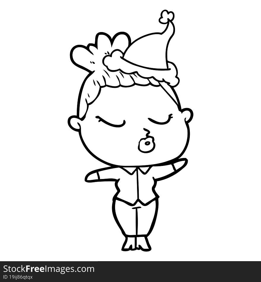 line drawing of a calm woman wearing santa hat