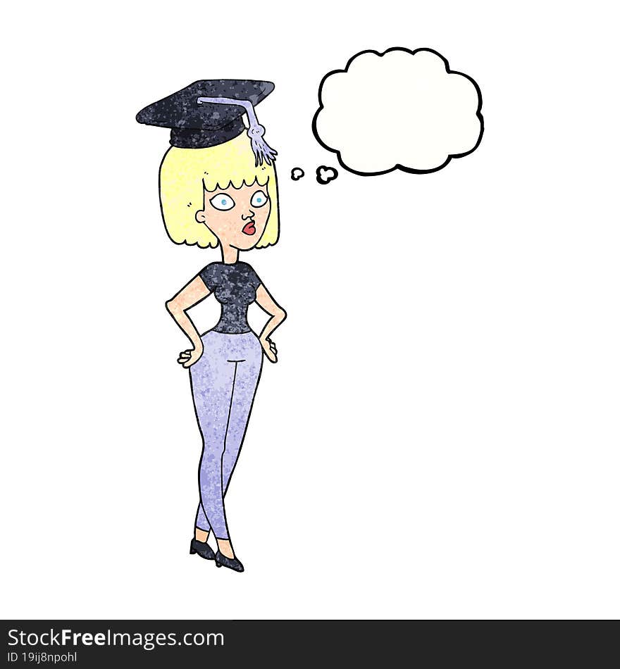 freehand drawn thought bubble textured cartoon woman with graduation cap