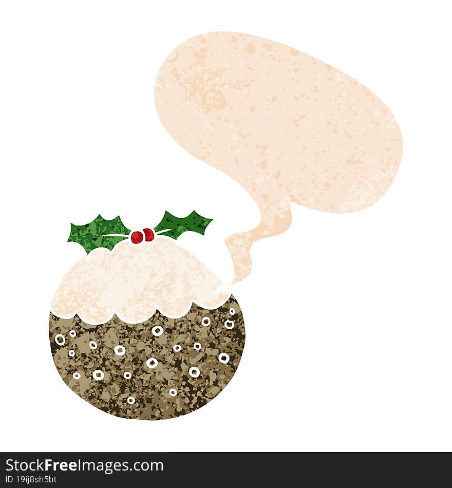 cartoon christmas pudding and speech bubble in retro textured style