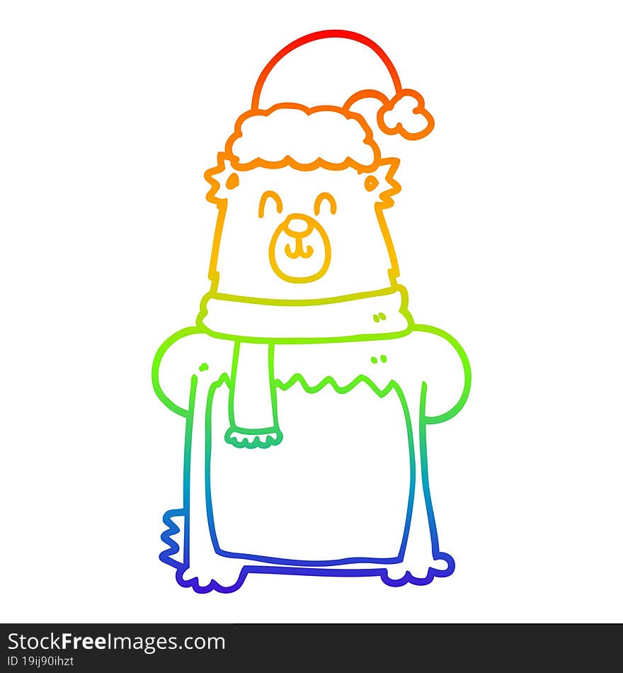 Rainbow Gradient Line Drawing Cartoon Bear Wearing Christmas Hat