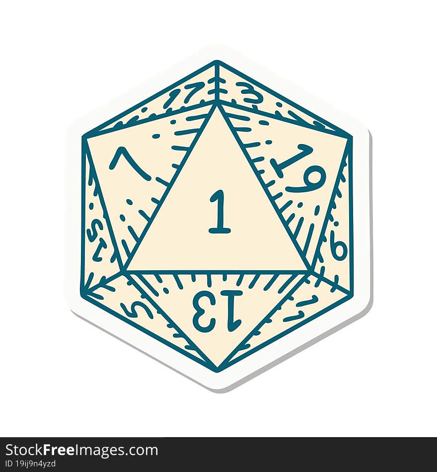 sticker of a natural 1 D20 dice roll. sticker of a natural 1 D20 dice roll