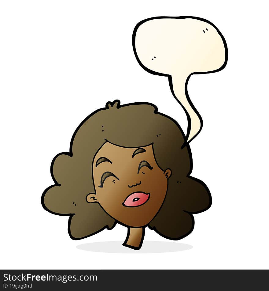 cartoon happy female face with speech bubble