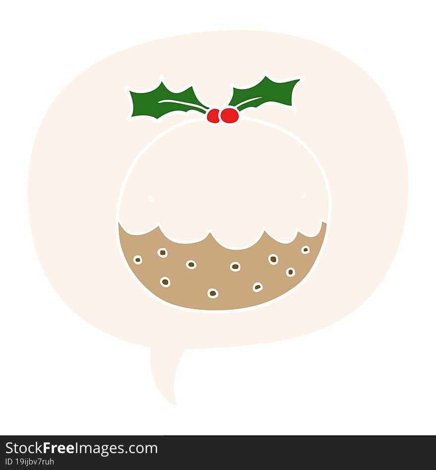 Cartoon Christmas Pudding And Speech Bubble In Retro Style