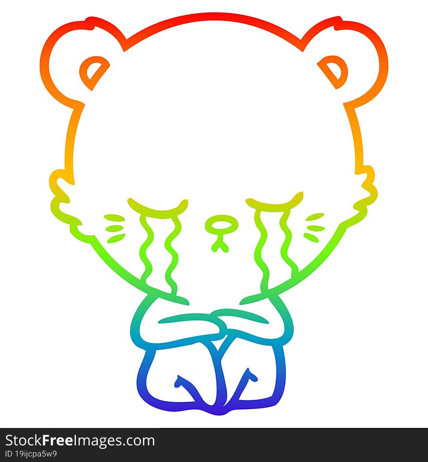 Rainbow Gradient Line Drawing Crying Cartoon Polarbear