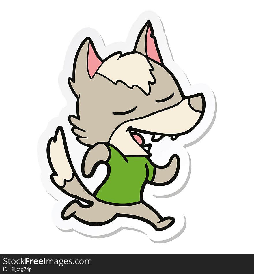 sticker of a cartoon running wolf laughing