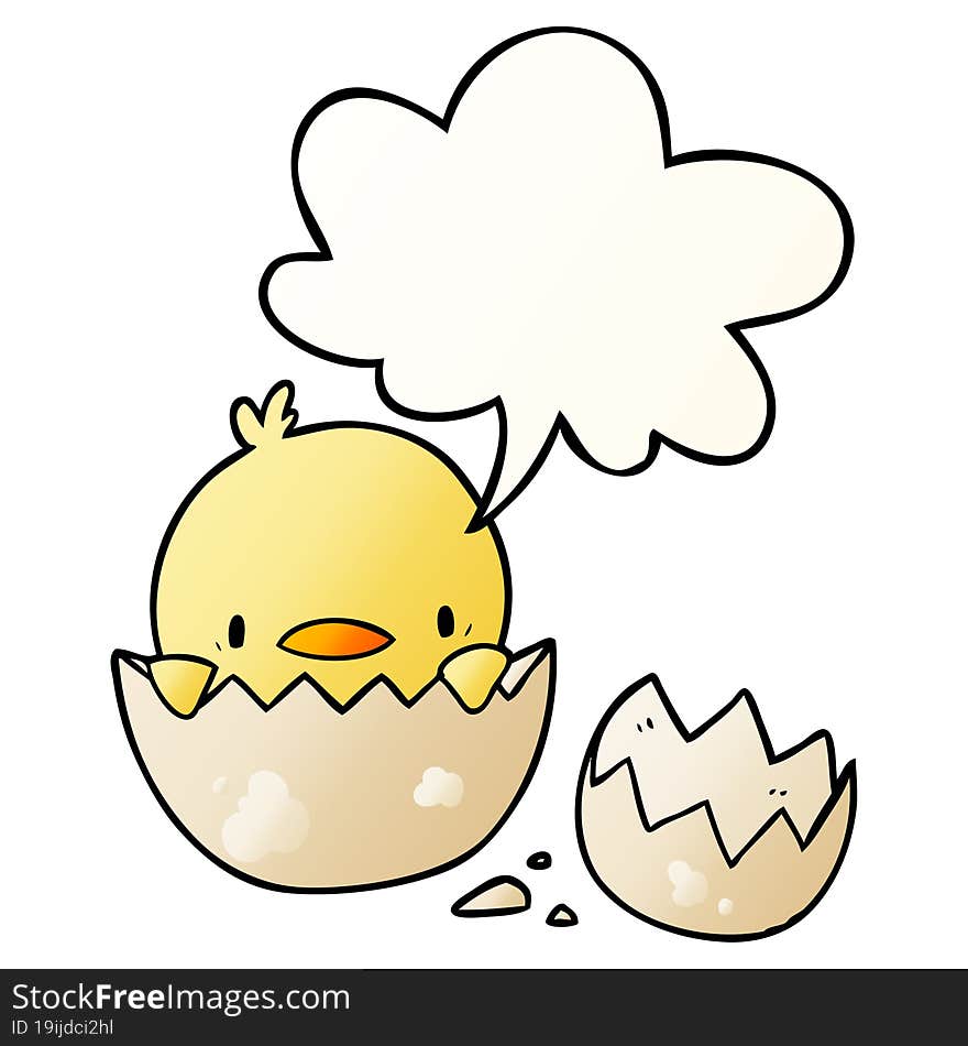 cute cartoon chick hatching from egg and speech bubble in smooth gradient style