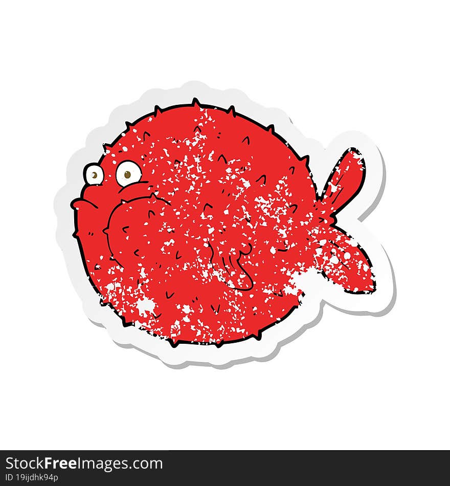 retro distressed sticker of a cartoon puffer fish