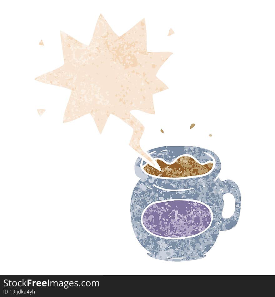 cartoon coffee cup and speech bubble in retro textured style