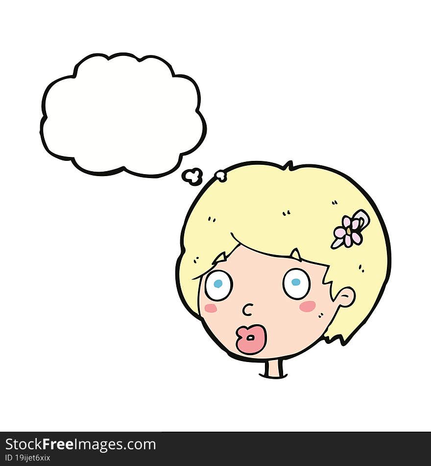 cartoon surprised female face with thought bubble