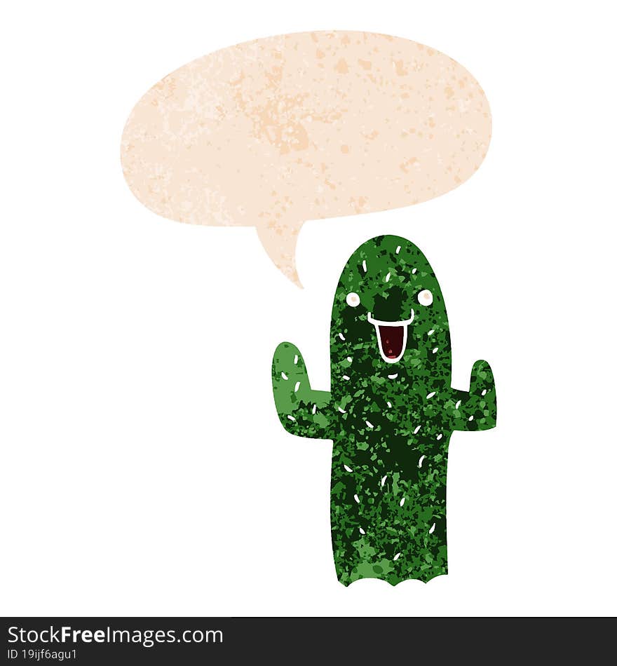 Cartoon Cactus And Speech Bubble In Retro Textured Style