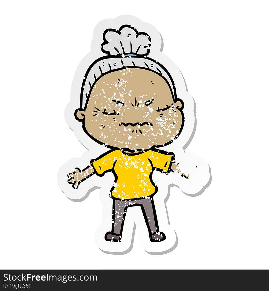 Distressed Sticker Of A Cartoon Annoyed Old Lady