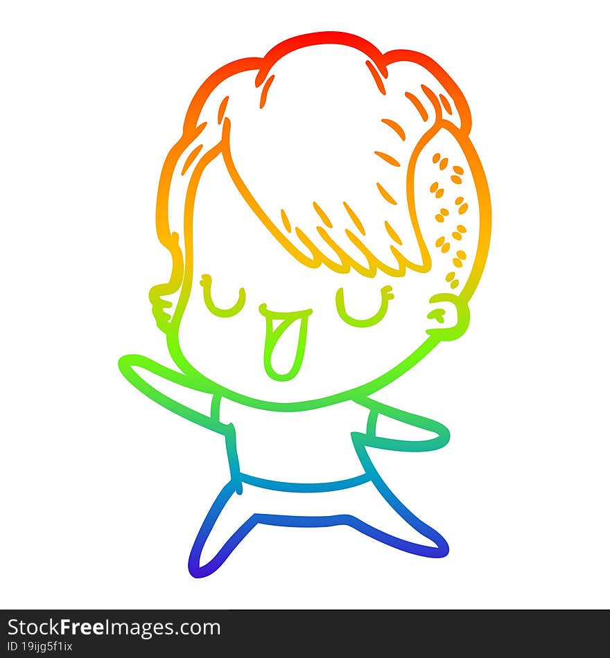 rainbow gradient line drawing of a cute cartoon girl with hipster haircut