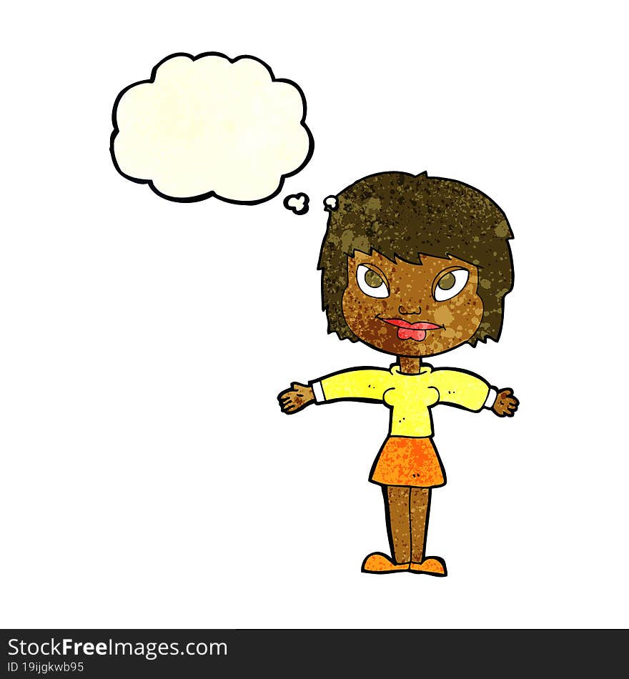 cartoon woman with open amrs with thought bubble