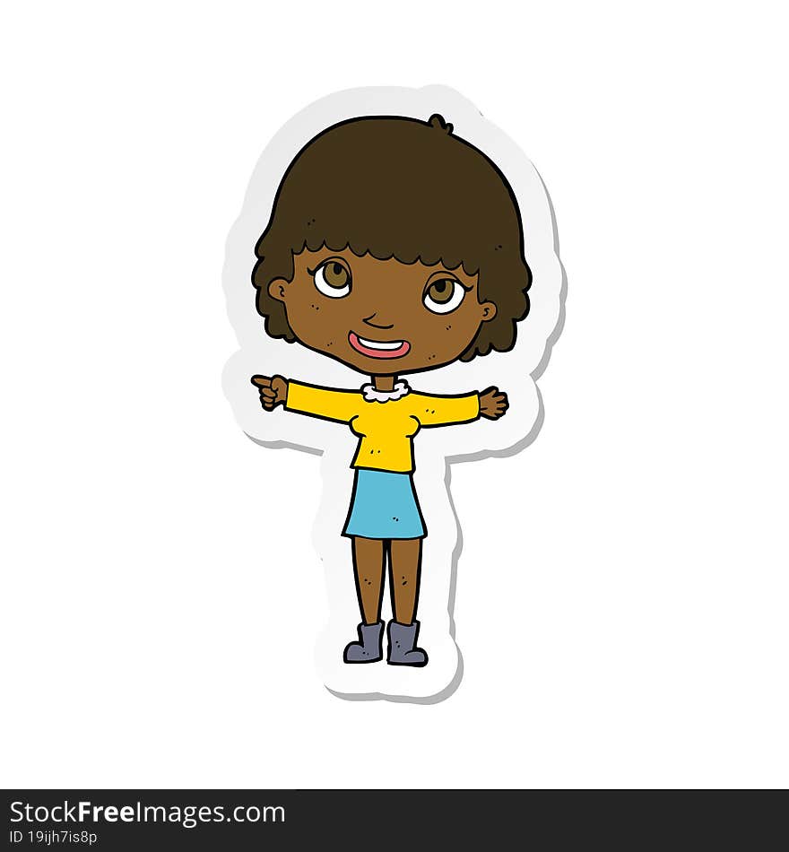 sticker of a cartoon happy woman pointing