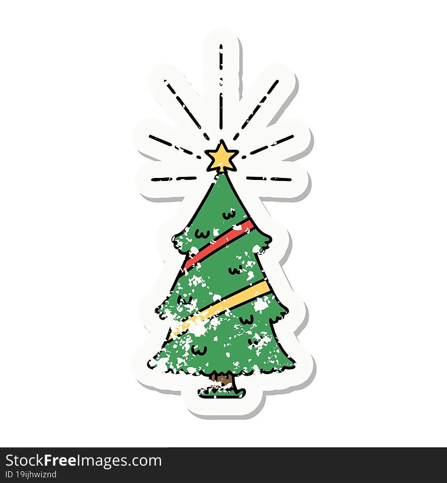 grunge sticker of tattoo style christmas tree with star