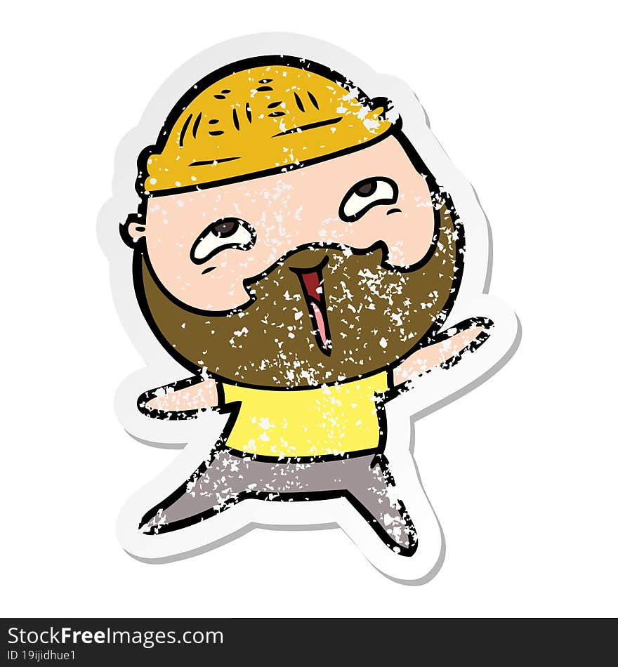 distressed sticker of a cartoon happy bearded man