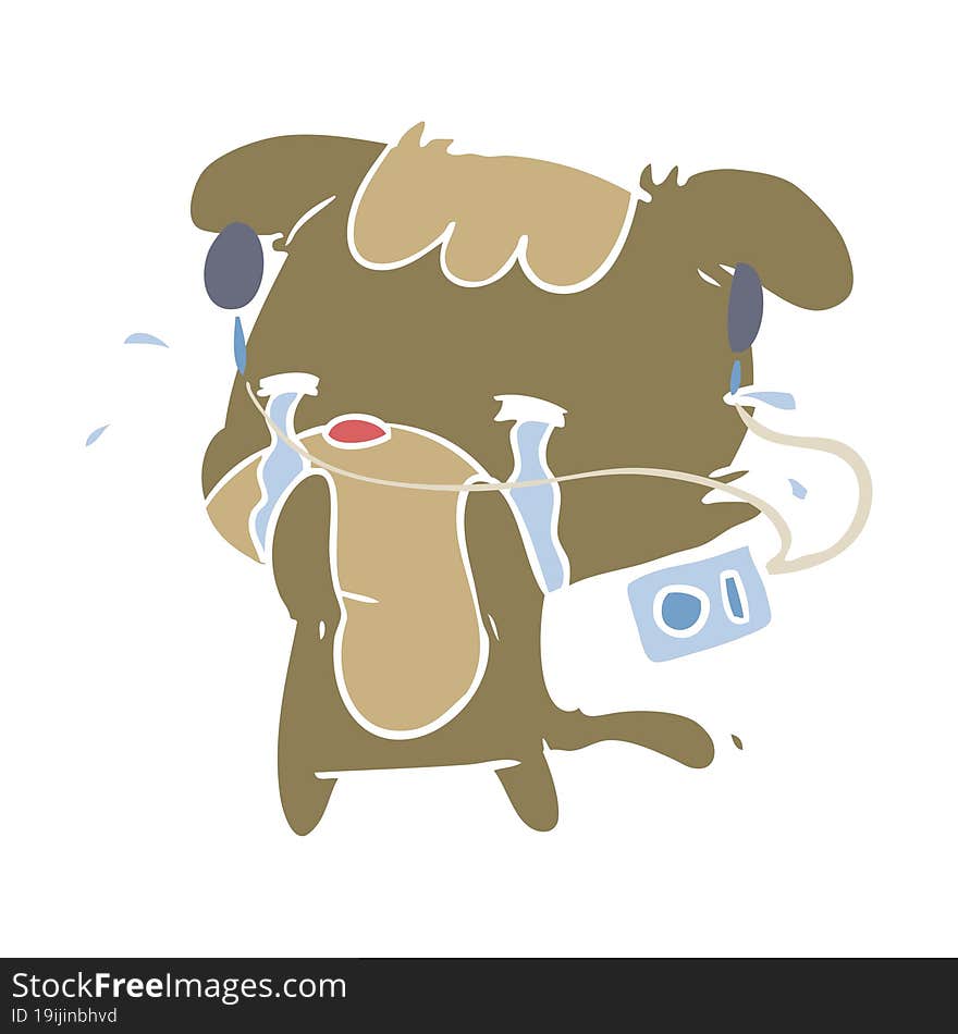 flat color style cartoon sad dog crying listening to music