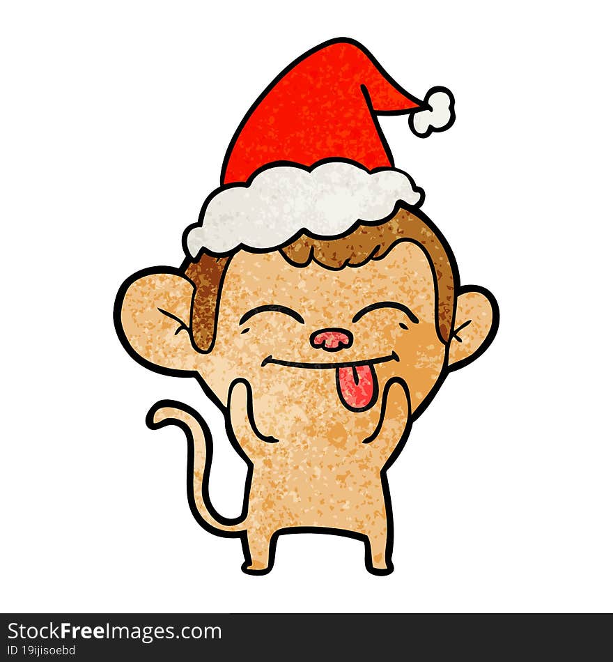 funny textured cartoon of a monkey wearing santa hat