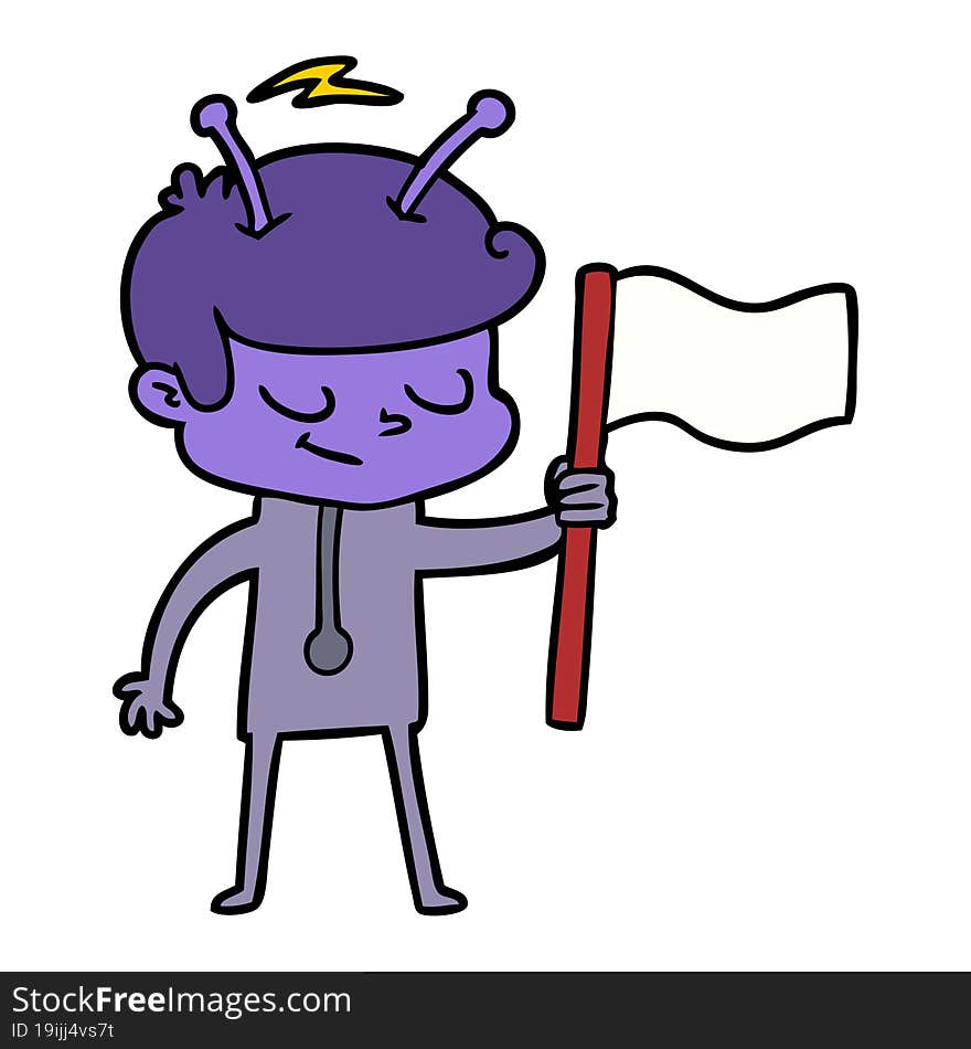 friendly cartoon spaceman with white flag. friendly cartoon spaceman with white flag