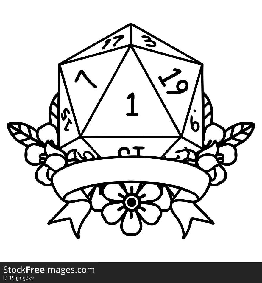 Black and White Tattoo linework Style natural one d20 dice roll. Black and White Tattoo linework Style natural one d20 dice roll