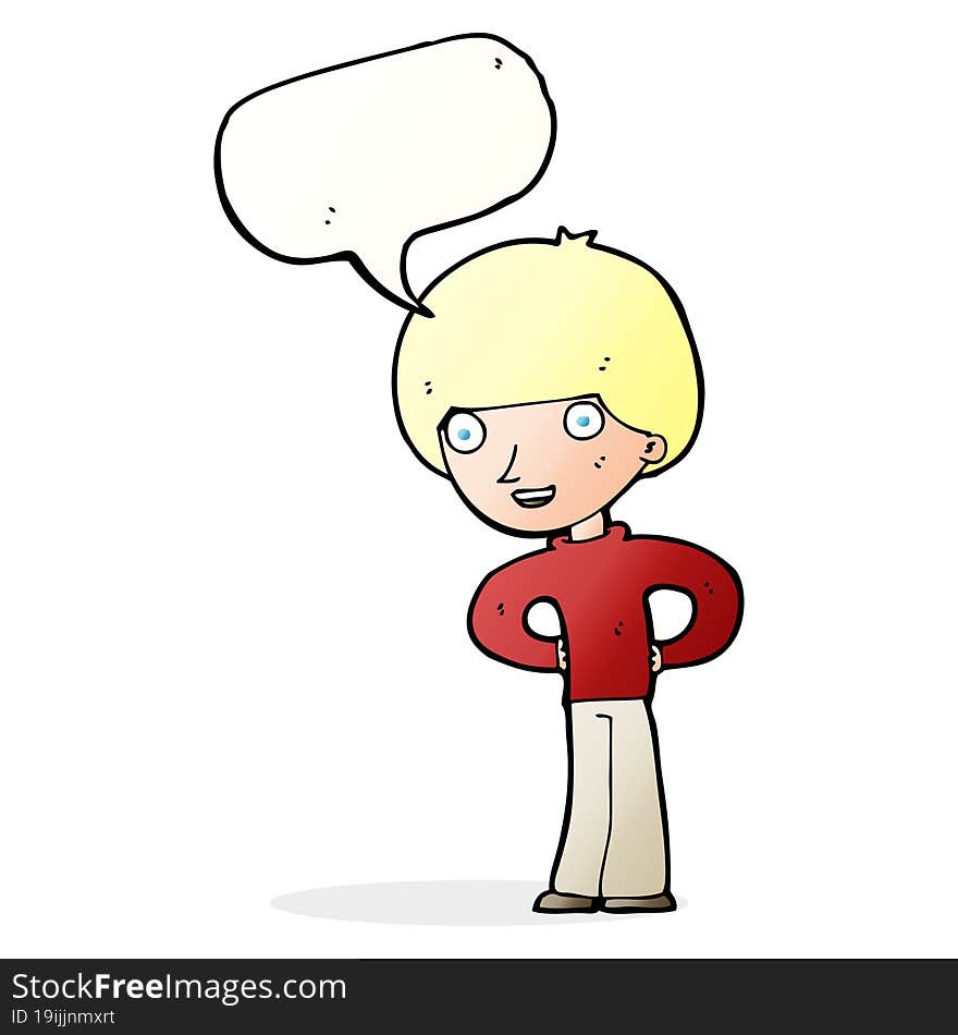 Cartoon Happy Boy With Hands On Hips With Speech Bubble