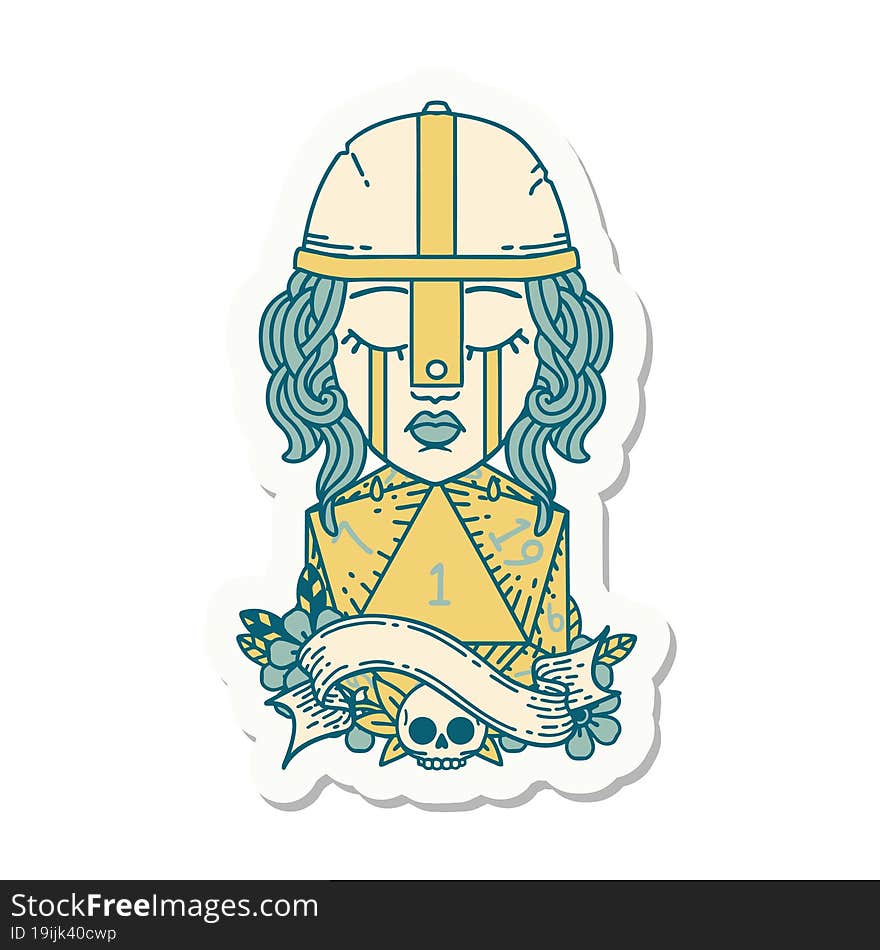 crying human fighter with natural one D20 dice roll sticker