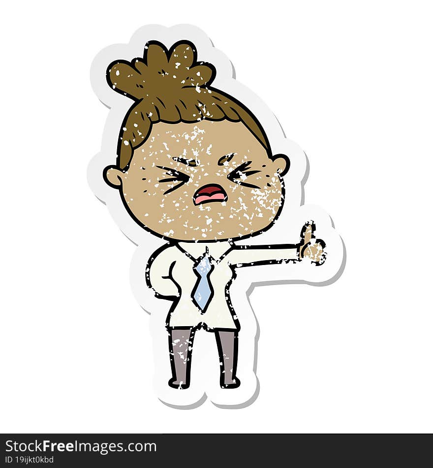 distressed sticker of a cartoon angry woman