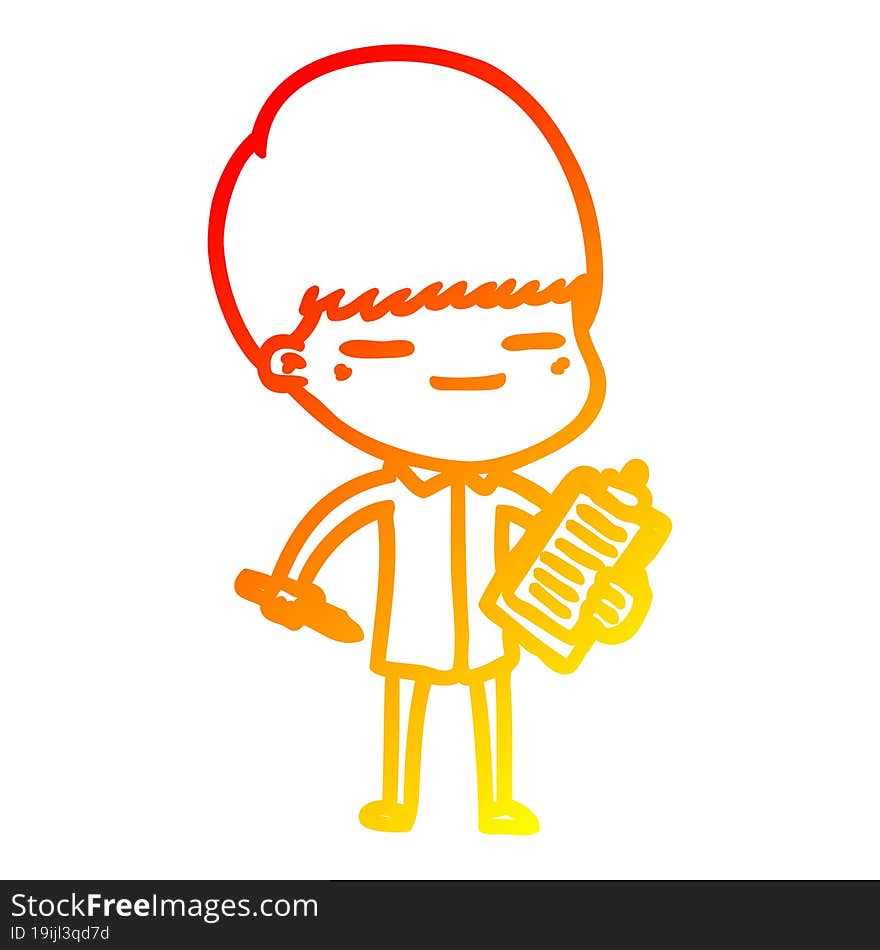 warm gradient line drawing of a cartoon smug boy with clip board