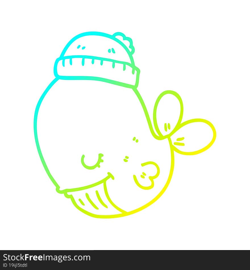 Cold Gradient Line Drawing Cartoon Whale Wearing Hat