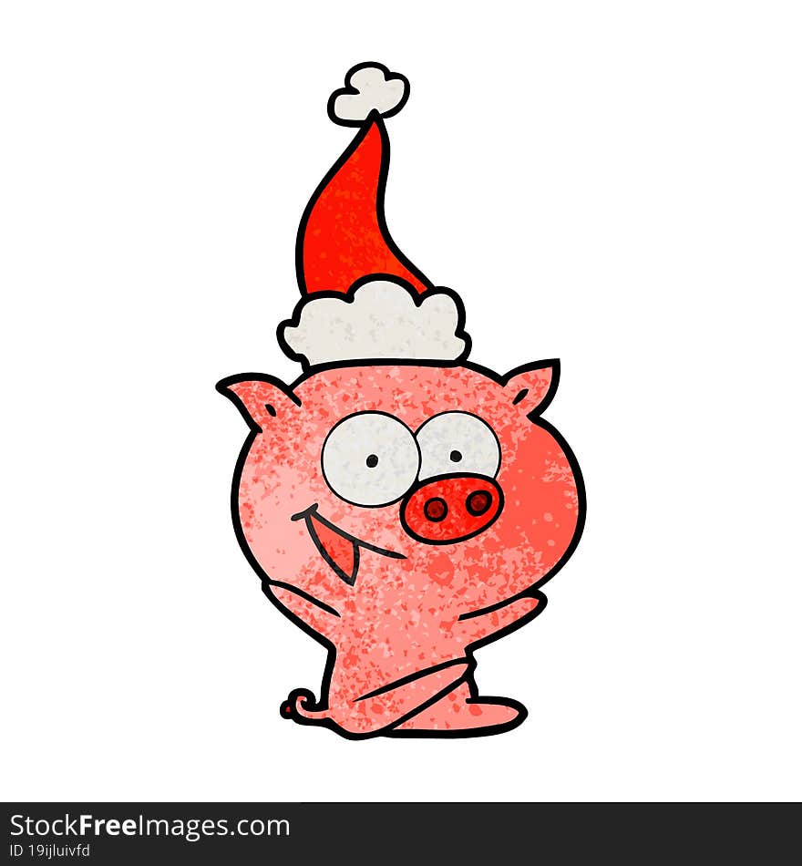 cheerful sitting pig hand drawn textured cartoon of a wearing santa hat. cheerful sitting pig hand drawn textured cartoon of a wearing santa hat