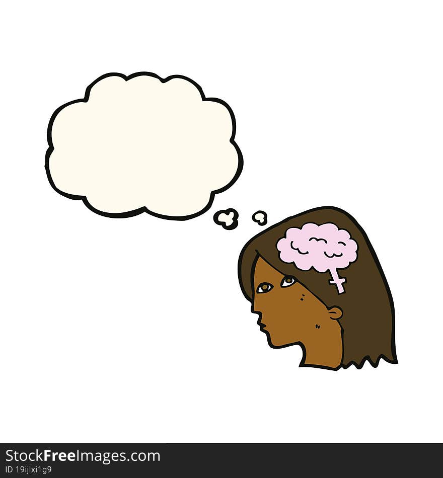 cartoon female head with brain symbol with thought bubble