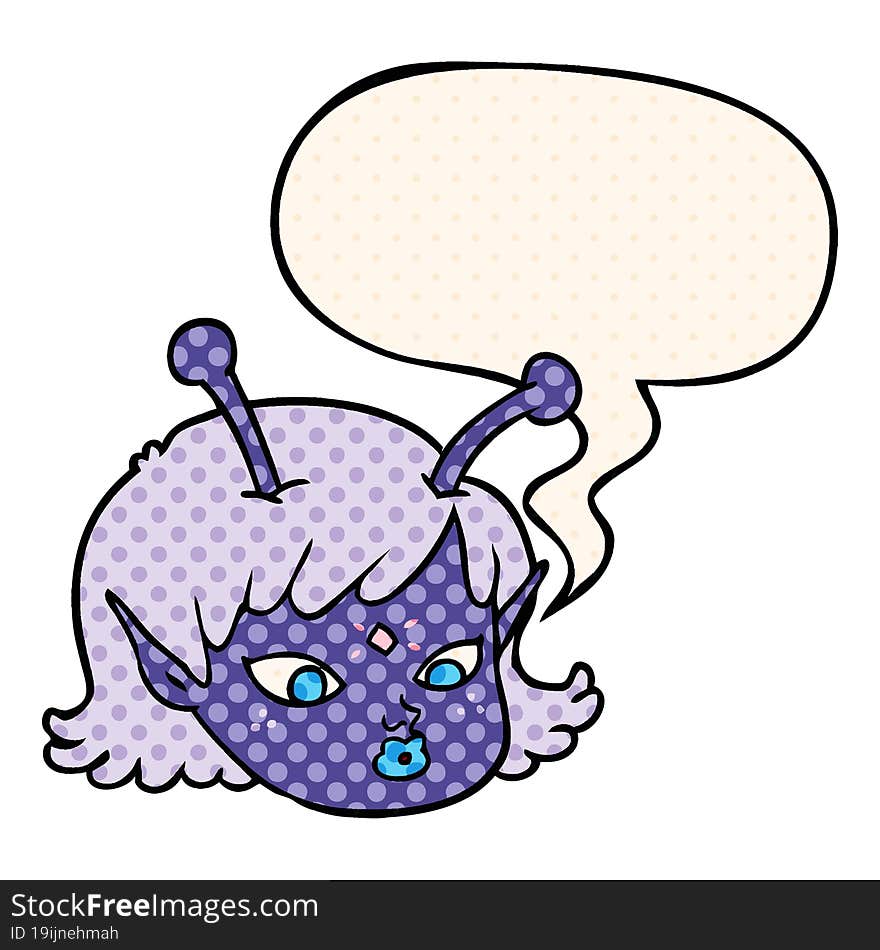 Cartoon Alien Space Girl Face And Speech Bubble In Comic Book Style