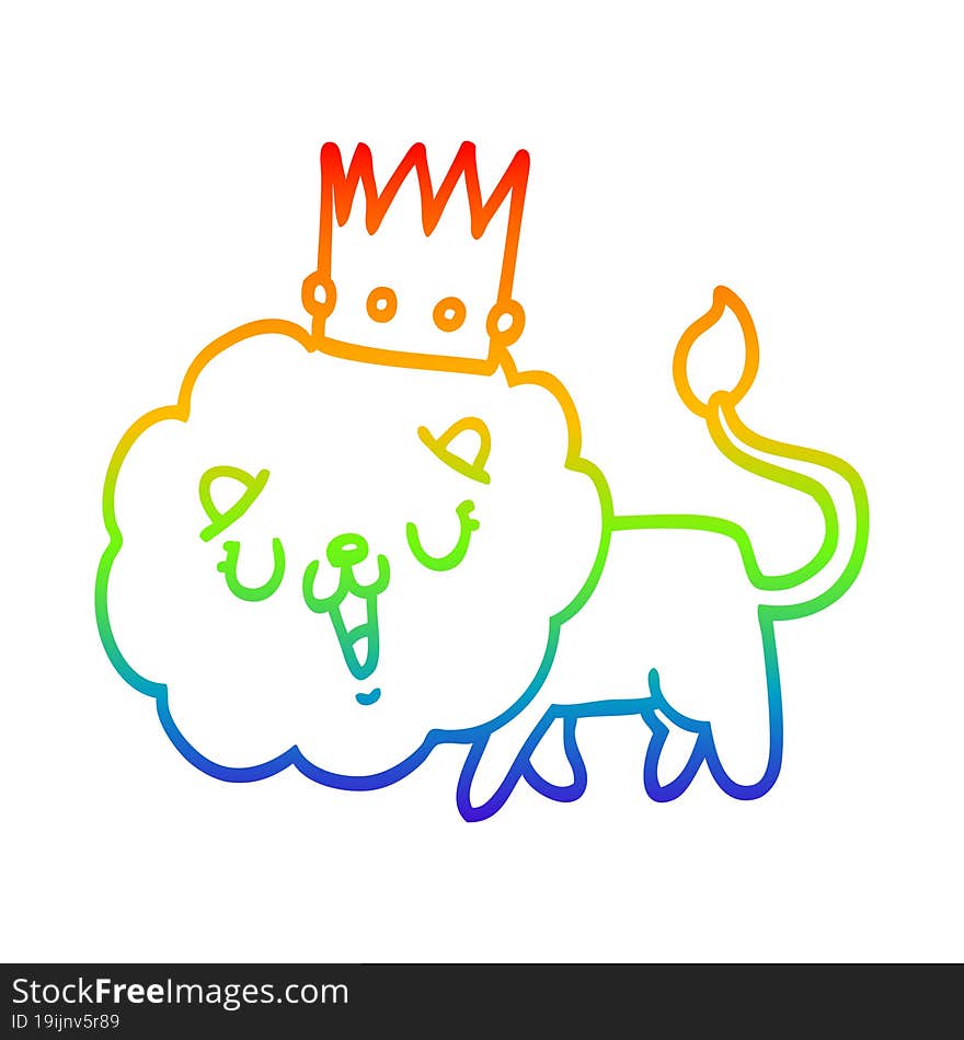 rainbow gradient line drawing cartoon lion with crown