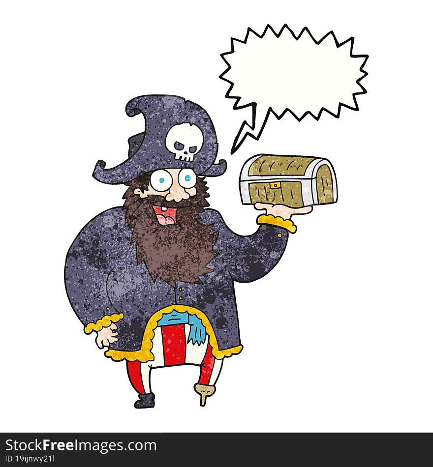 freehand speech bubble textured cartoon pirate captain with treasure chest